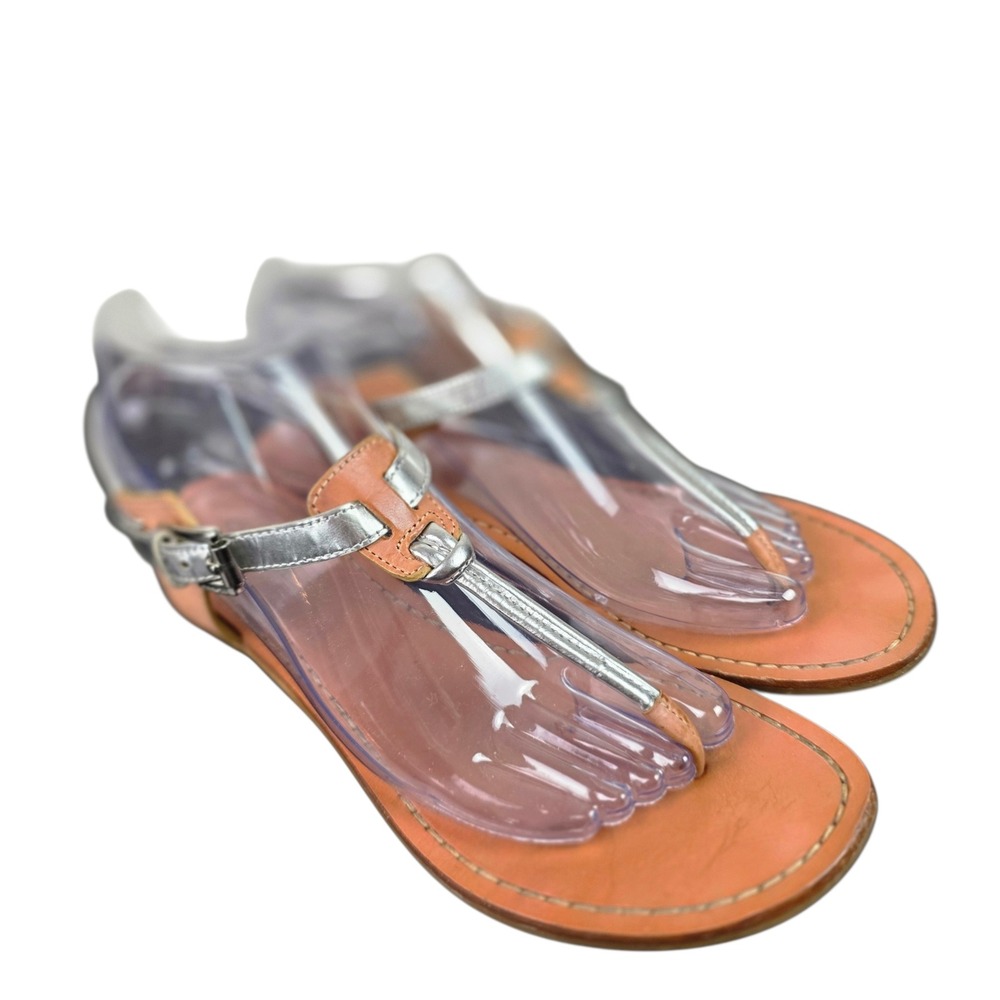 Coach Clarkson Thong Sandals Womens 8 Tan Silver Good Leather Flat T-Strap Q6003